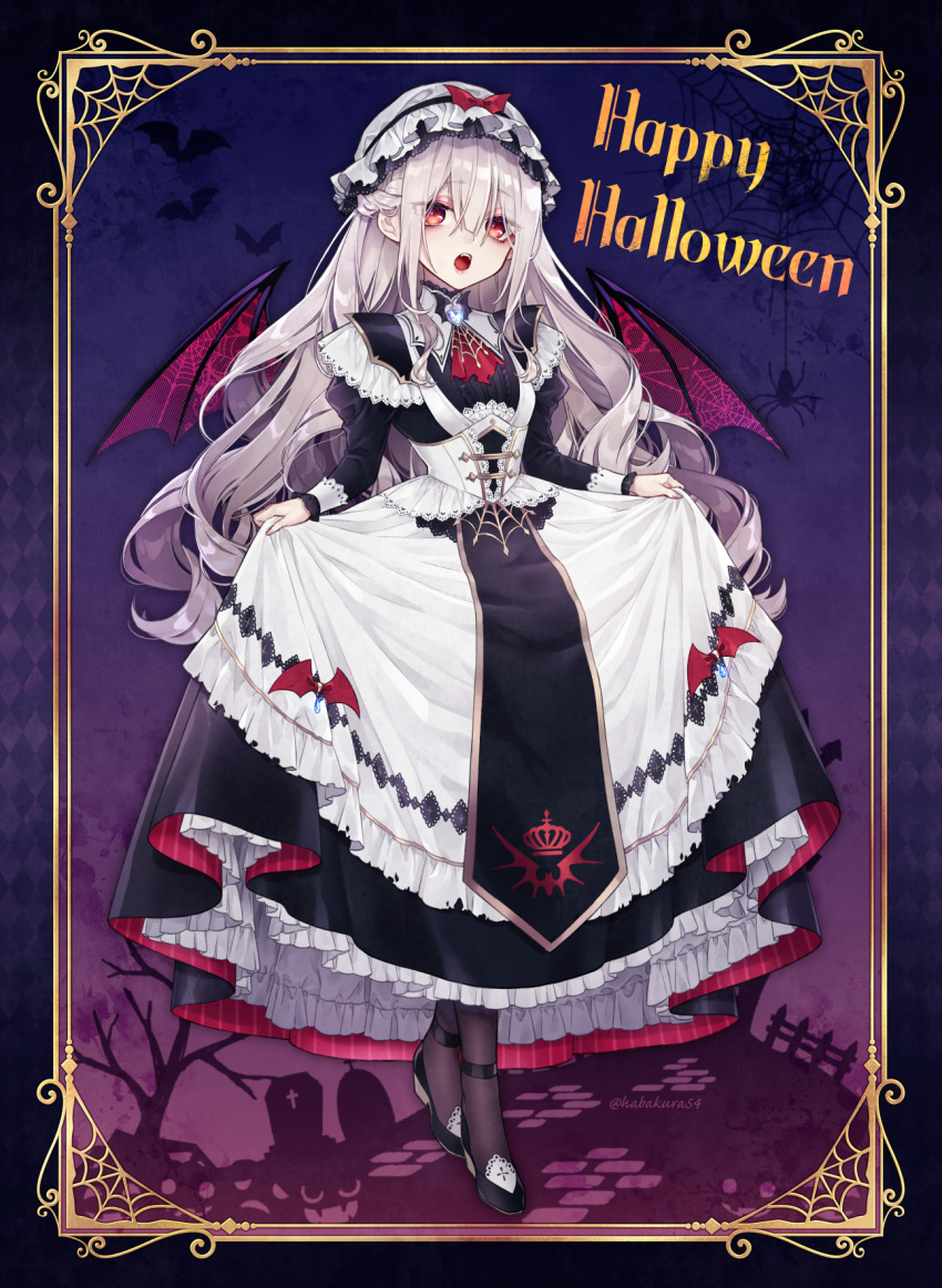 1girl alternate_costume animal ascot bangs bat bat_wings black_legwear bow braid branch bug commentary_request corset crown_braid dress english_text enmaided eyebrows_visible_through_hair eyes_visible_through_hair fangs fingernails frilled_dress frills goshi-san gothic_lolita halloween hat heart highres jewelry lace lace-trimmed_dress lolita_fashion long_dress long_hair looking_at_viewer maid mob_cap open_mouth original pantyhose pendant pinafore_dress red_bow red_eyes red_neckwear sidelocks silhouette silk silver_hair slit_pupils solo spider spider_web tree twitter_username vampire very_long_hair wavy_hair wings