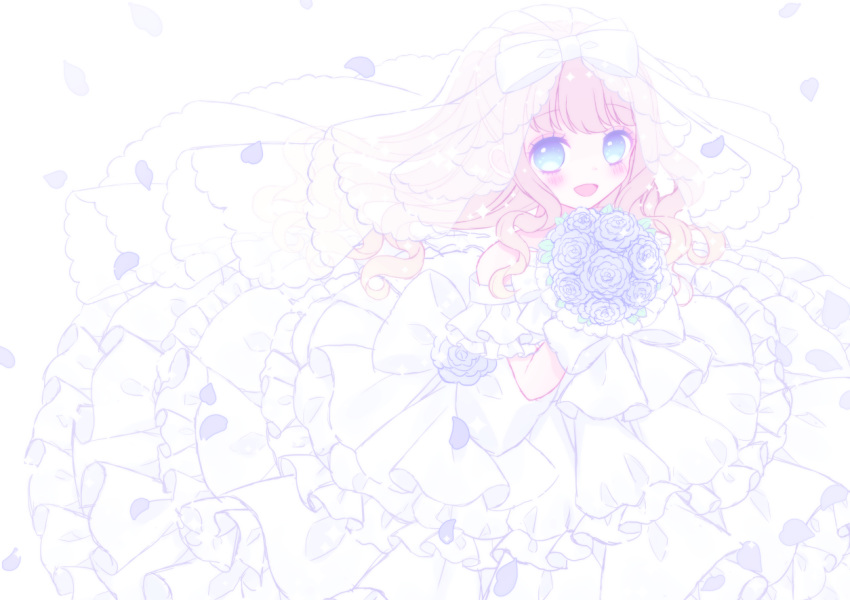 1girl :d bangs blue_eyes blue_flower blue_rose blush bouquet bow bridal_veil brown_hair commentary_request dress eyebrows_visible_through_hair flower frilled_dress frills hands_up himetsuki_luna holding holding_bouquet layered_dress long_hair looking_at_viewer open_mouth original petals pleated_dress rose see-through simple_background smile solo veil very_long_hair wedding_dress white_background white_bow white_dress