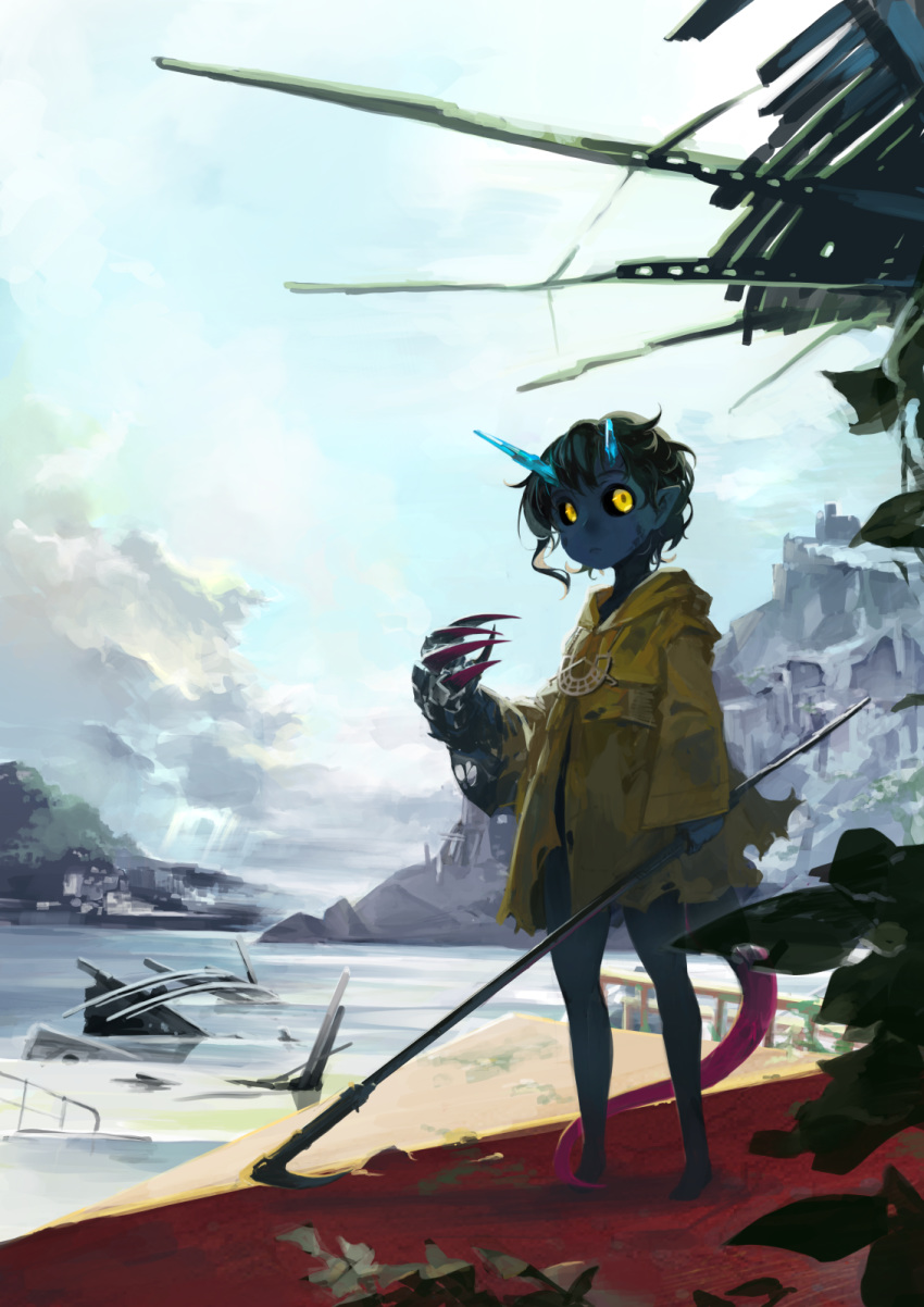 1other ambiguous_gender beach black_hair black_sclera blue_skin blue_sky broken_horn city claw_(weapon) closed_mouth clouds cloudy_sky forest highres holding holding_weapon hood hood_down horns jewelry light_rays monster moss mountain nature necklace original outdoors plant pointy_ears raincoat ruins scratches sky standing tail torn_clothes tree water weapon wreckage yellow_eyes yunar