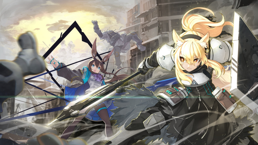 2girls 2others absurdres amiya_(arknights) animal_ear_fluff animal_ears arknights armor battle black_hairband black_jacket blue_eyes broken broken_wall brown_eyes brown_hair building closed_eyes closed_mouth clouds cloudy_sky crack cracked_wall eyebrows_visible_through_hair glaive hair_between_eyes hairband highres holding holding_weapon jacket jewelry lens_flare long_hair multiple_girls multiple_others nearl_(arknights) open_mouth outdoors pauldrons ponytail ring rubble ruins scratches shield shoulder_armor sky smoke standing teeth telephone_pole torn_clothes upper_body vial weapon yunar zipper zipper_pull_tab