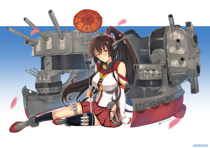 1girl anchor arm_support asymmetrical_legwear black_legwear blush breasts closed_mouth detached_sleeves eromoeba full_body hair_intakes headgear highres hip_vent kantai_collection large_breasts long_hair looking_at_viewer parasol ponytail red_skirt rigging sailor_collar sidelocks single_sock single_thighhigh skirt smile socks solo thigh-highs turret twitter_username umbrella very_long_hair violet_eyes yamato_(kantai_collection)