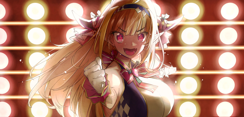 1girl :d absurdres ahoge alternate_costume backlighting blonde_hair blush breasts chinese_commentary clenched_hand commentary_request dragon_horns dress eyebrows_visible_through_hair eyelashes gloves hairband highres hololive horn_ornament horn_ribbon horns idol kiryuu_coco large_breasts long_hair looking_at_viewer mixed-language_commentary multicolored_hair neck_ribbon open_mouth orange_hair outstretched_hand partial_commentary pink_eyes pink_ribbon pointy_ears ribbon sleeveless smile solo stage_lights streaked_hair striped striped_ribbon two-tone_hair upper_body virtual_youtuber white_dress white_gloves xiaoju_xiaojie