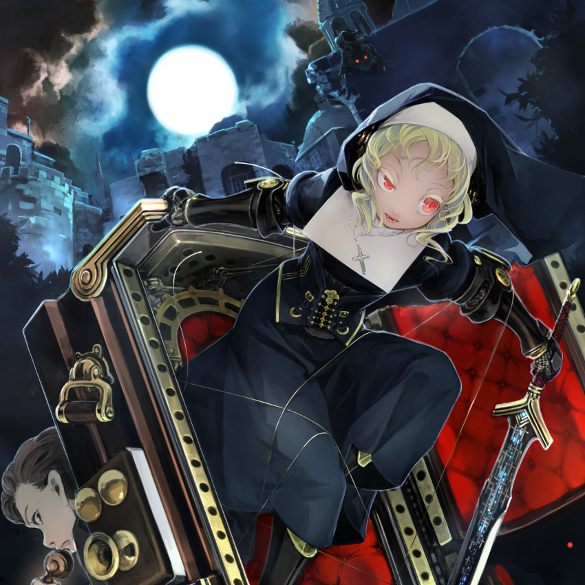 1boy 1girl armor blonde_hair blue_eyes brown_hair castle clouds cloudy_sky coffin cross cross_necklace fangs fog gauntlets glowing glowing_eyes highres holding holding_phone holding_sword holding_weapon jewelry knight long_hair looking_back monster moon necklace night night_sky nun open_mouth original outdoors phone red_eyes sky slit_pupils steampunk sword teeth tree vampire weapon yunar