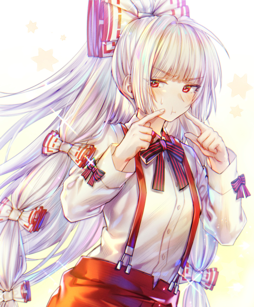 :t baggy_pants bangs black_bow blunt_bangs blush bow breasts buttons cheek_poking closed_mouth collared_shirt commentary cowboy_shot eyebrows_visible_through_hair floating_hair fujiwara_no_mokou hair_bow hair_intakes half-closed_eyes hands_on_own_cheeks hands_on_own_face hands_up here_(hr_rz_ggg) hexagram highres hime_cut long_hair long_sleeves pants poking pout red_bow red_eyes red_pants shirt sidelocks sideways_glance silver_hair small_breasts sparkle striped striped_bow striped_neckwear suspenders touhou tsundere two-tone_bow v-shaped_eyebrows very_long_hair white_background white_bow white_shirt yellow_background