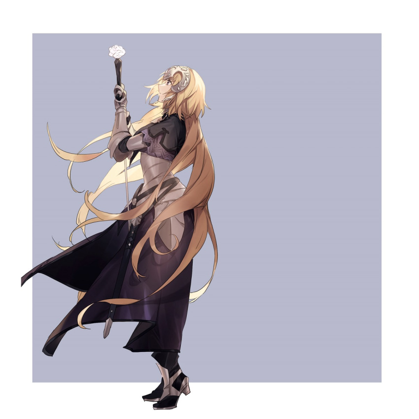 1girl armor bangs blonde_hair blue_eyes breasts capelet dress fate/apocrypha fate_(series) faulds gauntlets headpiece highres jeanne_d'arc_(fate) jeanne_d'arc_(fate)_(all) large_breasts long_hair looking_up no-kan plackart purple_dress sheath sword very_long_hair weapon