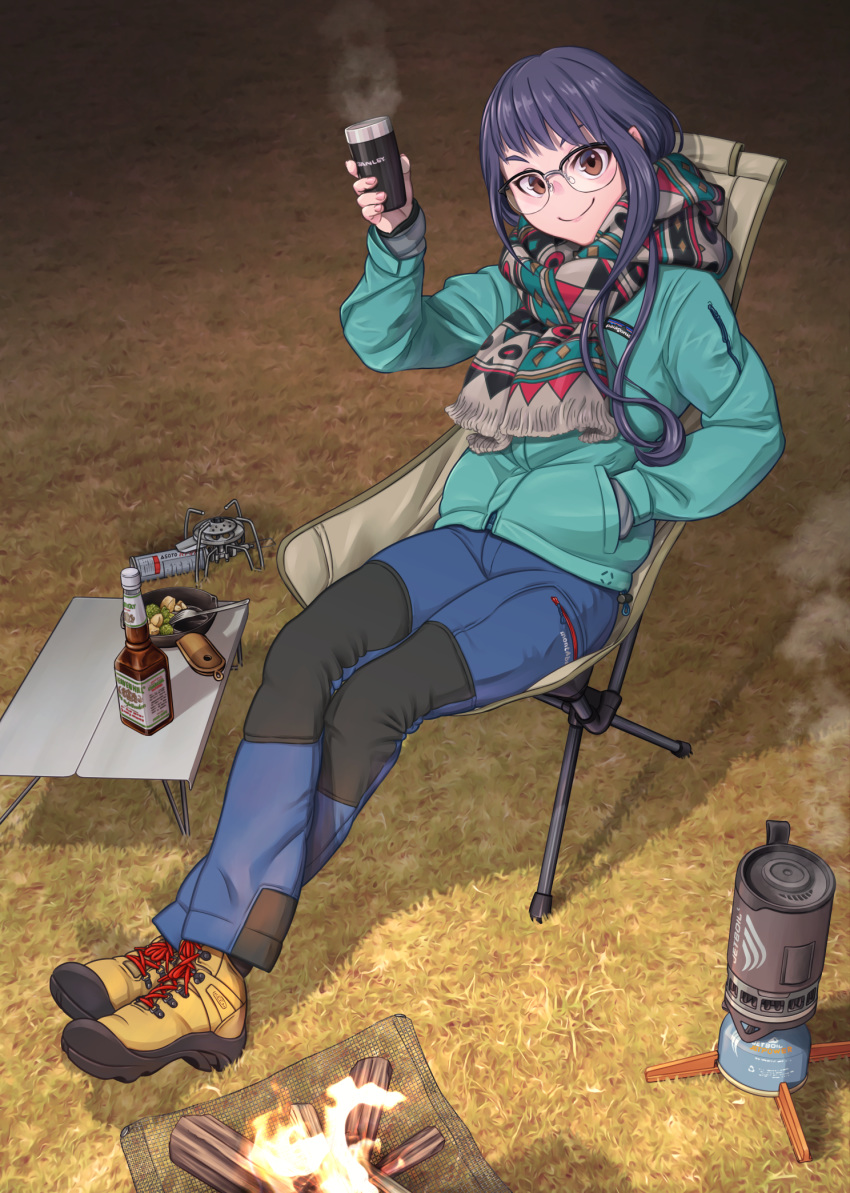 1girl bonfire bottle brown_eyes chair clip_studio_paint_(medium) commentary fire folding_chair folding_table food frying_pan glasses grass hand_in_pocket highres jacket kobu_ride long_hair looking_at_viewer older oogaki_chiaki outdoors pants portable_stove purple_hair scarf sitting solo steam yurucamp