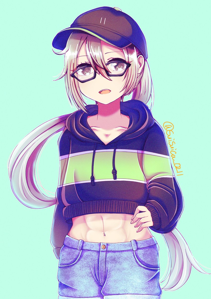 1girl :d abs absurdres amagiri_(kantai_collection) asymmetrical_bangs bangs baseball_cap black_headwear black_hoodie breasts collarbone commentary_request cowboy_shot crop_top denim denim_shorts eyebrows_visible_through_hair glasses green_background grey_eyes grey_hair groin hair_between_eyes hand_on_hip hat highres hood hood_down huge_filesize kantai_collection long_hair looking_at_viewer midriff navel open_mouth ponytail shorts sidelocks simple_background small_breasts smile solo standing suzuki_suika tsurime twitter_username very_long_hair