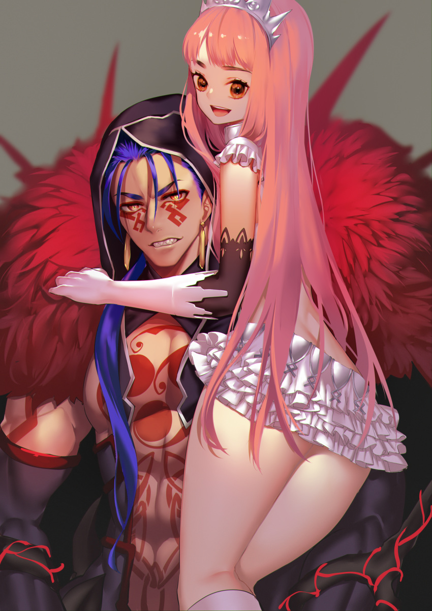1boy 1girl :d absurdres bare_chest black_gloves blue_hair boots brown_eyes butt_crack chest_tattoo clenched_teeth cu_chulainn_(fate)_(all) cu_chulainn_alter_(fate/grand_order) earrings elbow_gloves facepaint facial_mark fate/grand_order fate_(series) frills gloves grey_background hair_over_shoulder hand_on_another's_shoulder highres hood jewelry knee_boots long_hair looking_at_viewer medb_(fate)_(all) medb_(fate/grand_order) miniskirt open_mouth pink_hair rahato red_eyes sharp_teeth simple_background skirt smile tattoo teeth tiara upper_body white_footwear white_gloves white_skirt
