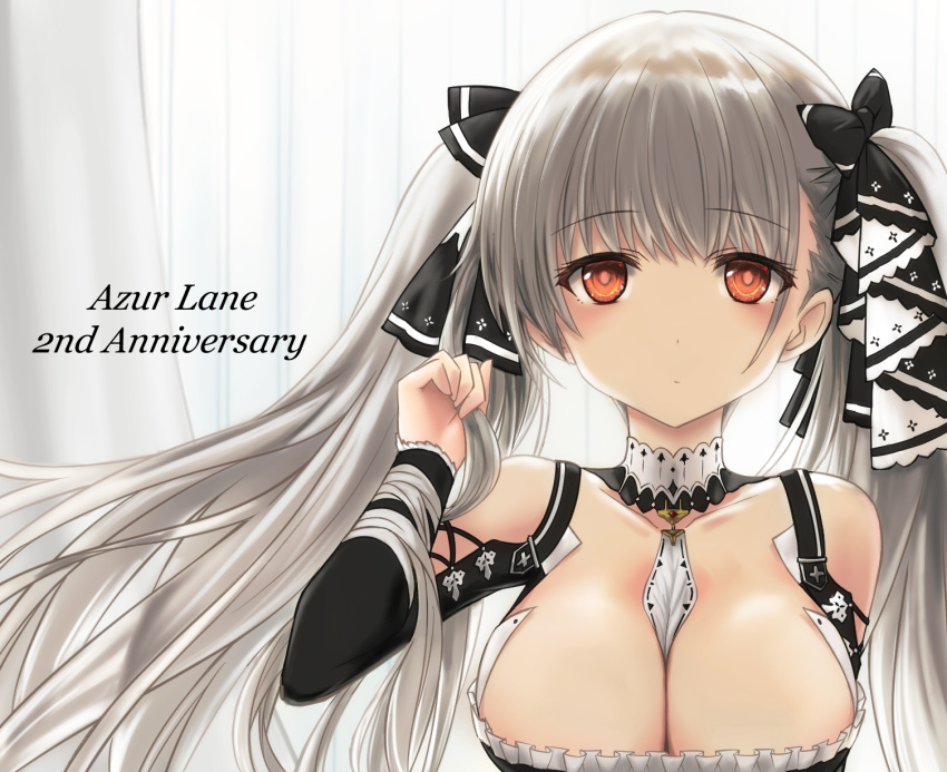 1girl azur_lane bangs blush breasts brown_eyes closed_mouth curtains dot_nose eyebrows_visible_through_hair formidable_(azur_lane) frills hair_ribbon highres holding holding_hair large_breasts long_hair looking_at_viewer neckwear_between_breasts ribbon silver_hair solo tokisaka_ena twintails two-tone_ribbon upper_body