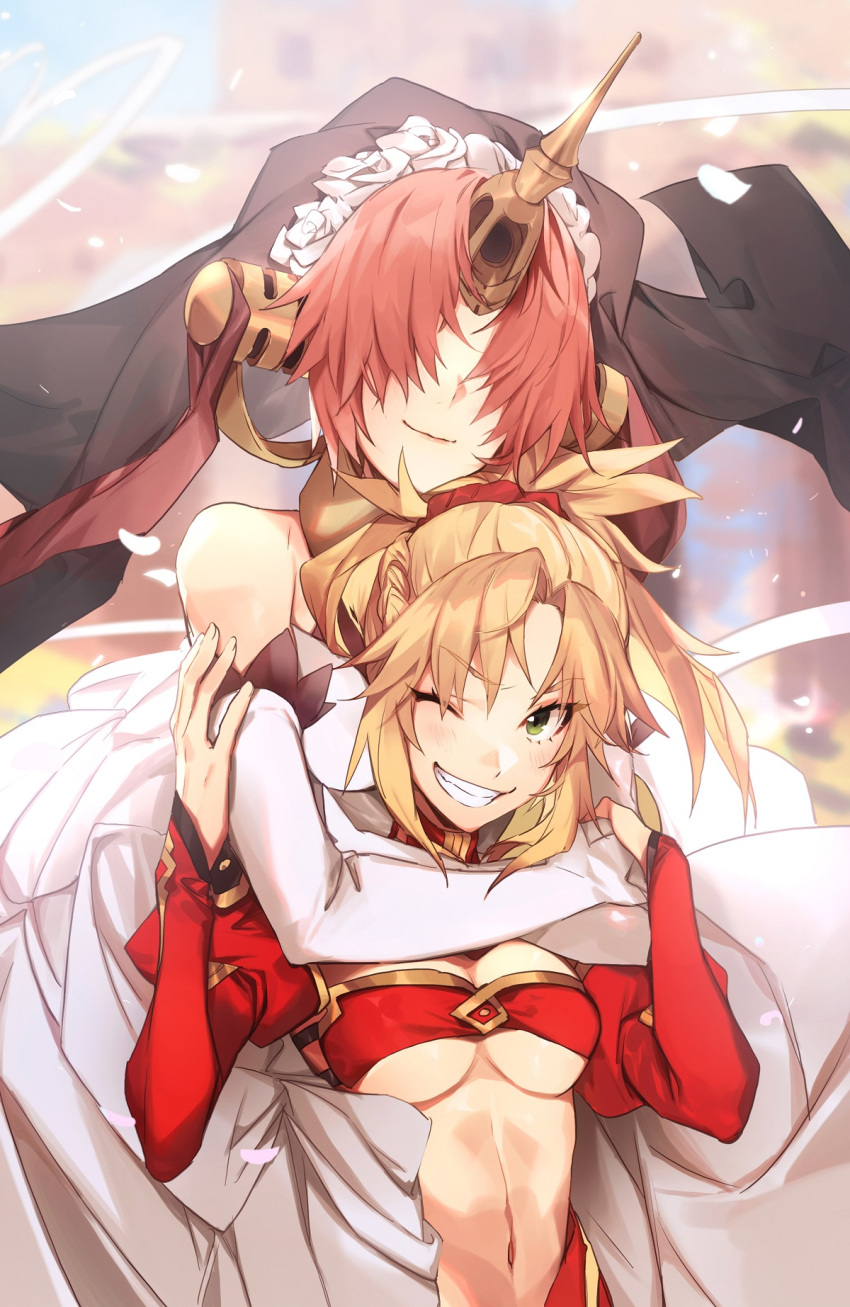 2girls black_veil blonde_hair breasts dress elbow_gloves fate/apocrypha fate/grand_order fate_(series) frankenstein's_monster_(fate) gloves green_eyes grin hair_over_eyes headgear highres horns hug hug_from_behind light_blush long_sleeves looking_at_viewer medium_breasts medium_hair mordred_(fate) mordred_(fate)_(all) multiple_girls no-kan one_eye_closed pink_hair short_hair single_horn smile under_boob white_dress white_gloves