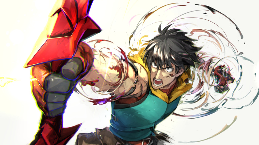 1boy arash_(fate) armband armor black_eyes black_hair blood bow_(weapon) broken crack fate/grand_order fate/prototype fate_(series) fingerless_gloves firing gloves glowing hair_between_eyes highres holding holding_bow_(weapon) holding_weapon injury male_focus pixiv_fate/grand_order_contest_1 red_gloves revision screaming simple_background solo teeth tongue torn_clothes torn_skin type-moon upper_body veins weapon yunar