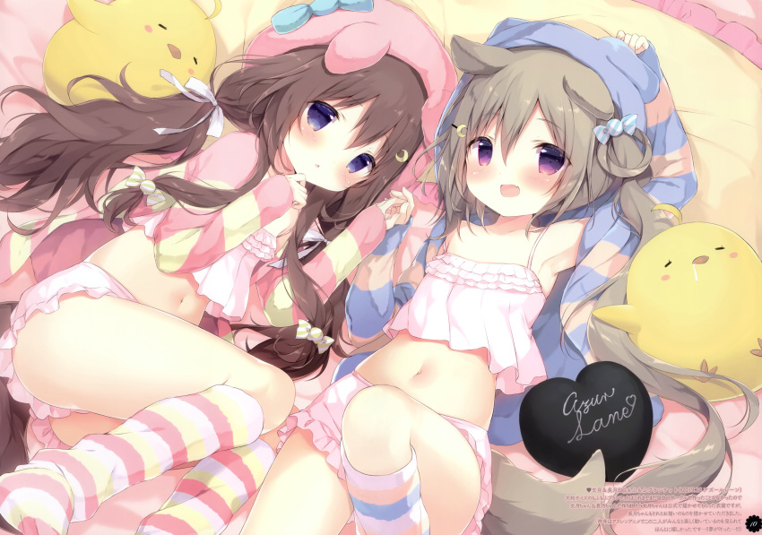 2girls :d :o absurdres animal_ears animal_hat animal_hood arm_up armpits ass azur_lane bangs bare_shoulders bed_sheet bloomers blue_bow blue_eyes blush bow brown_hair camisole candy_hair_ornament child commentary_request copyright_name crescent crescent_hair_ornament crop_top dog_ears dog_girl dog_hood dog_tail eyebrows_visible_through_hair fake_animal_ears fang food_themed_hair_ornament fumizuki_(azur_lane) fumizuki_(half-asleep_fairy)_(azur_lane) hair_between_eyes hair_ornament hair_ribbon hairclip hand_to_own_mouth hands_together hat heart highres holding_hands hood hood_up hooded_jacket huge_filesize jacket knee_up kneehighs long_hair long_sleeves low_twintails lying midriff multiple_girls nagatsuki_(azur_lane) navel on_back on_side open_clothes open_jacket open_mouth open_shirt parted_lips pillow pink_headwear ponytail ribbon shiratama_(shiratamaco) shirt short_shorts shorts side_ponytail sleepwear sleeves_past_wrists smile striped striped_jacket striped_legwear striped_shirt tail twintails underwear very_long_hair violet_eyes white_bloomers white_camisole white_ribbon white_shorts