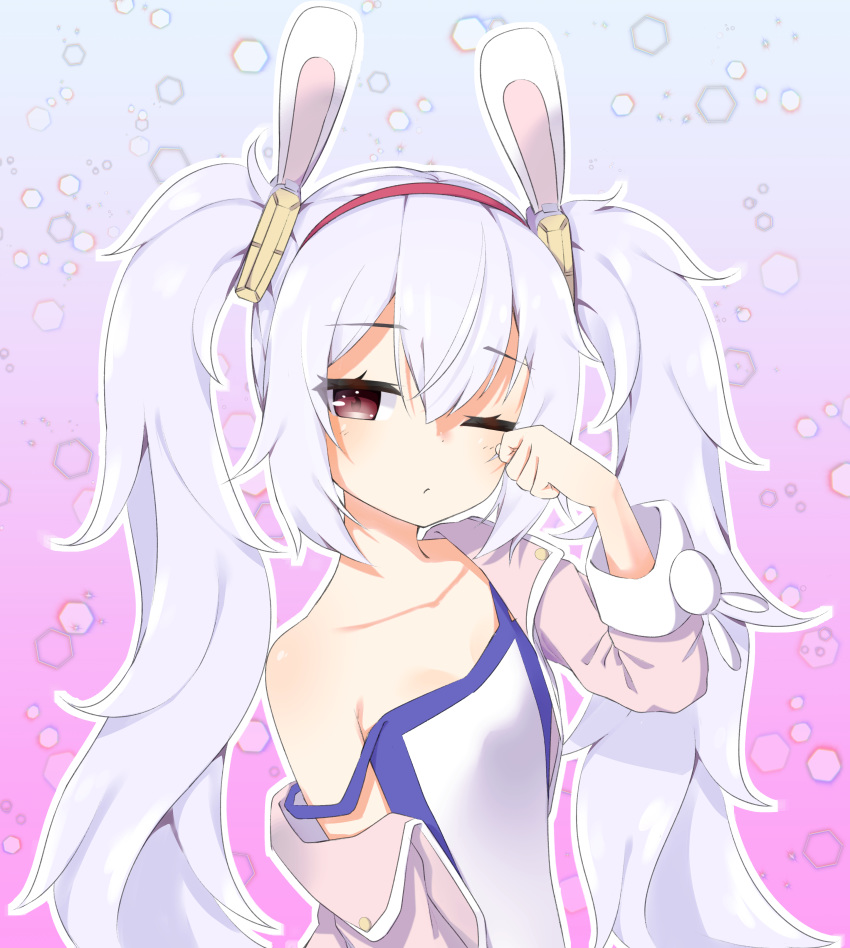 1girl absurdres animal_ears azur_lane bangs blush brown_eyes camisole closed_mouth collarbone commentary_request eyebrows_visible_through_hair hair_between_eyes hair_ornament hairband hand_up highres jacket laffey_(azur_lane) long_hair long_sleeves looking_at_viewer off_shoulder open_clothes open_jacket outline pink_jacket poppypilf rabbit_ears red_hairband rubbing_eyes sidelocks silver_hair solo strap_slip twintails upper_body very_long_hair white_camisole white_outline