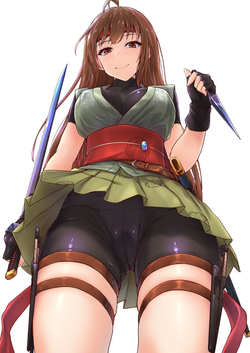 1girl ahoge belt bike_shorts black_gloves black_shorts brown_eyes brown_hair closed_mouth dagger dual_wielding fingerless_gloves from_below gloves headband highres holding holding_sword holding_weapon kunai long_hair looking_at_viewer ninja original red_headband reverse_grip shiny shiny_clothes shorts simple_background smile solo sword thighlet toriatto_gununu weapon white_background