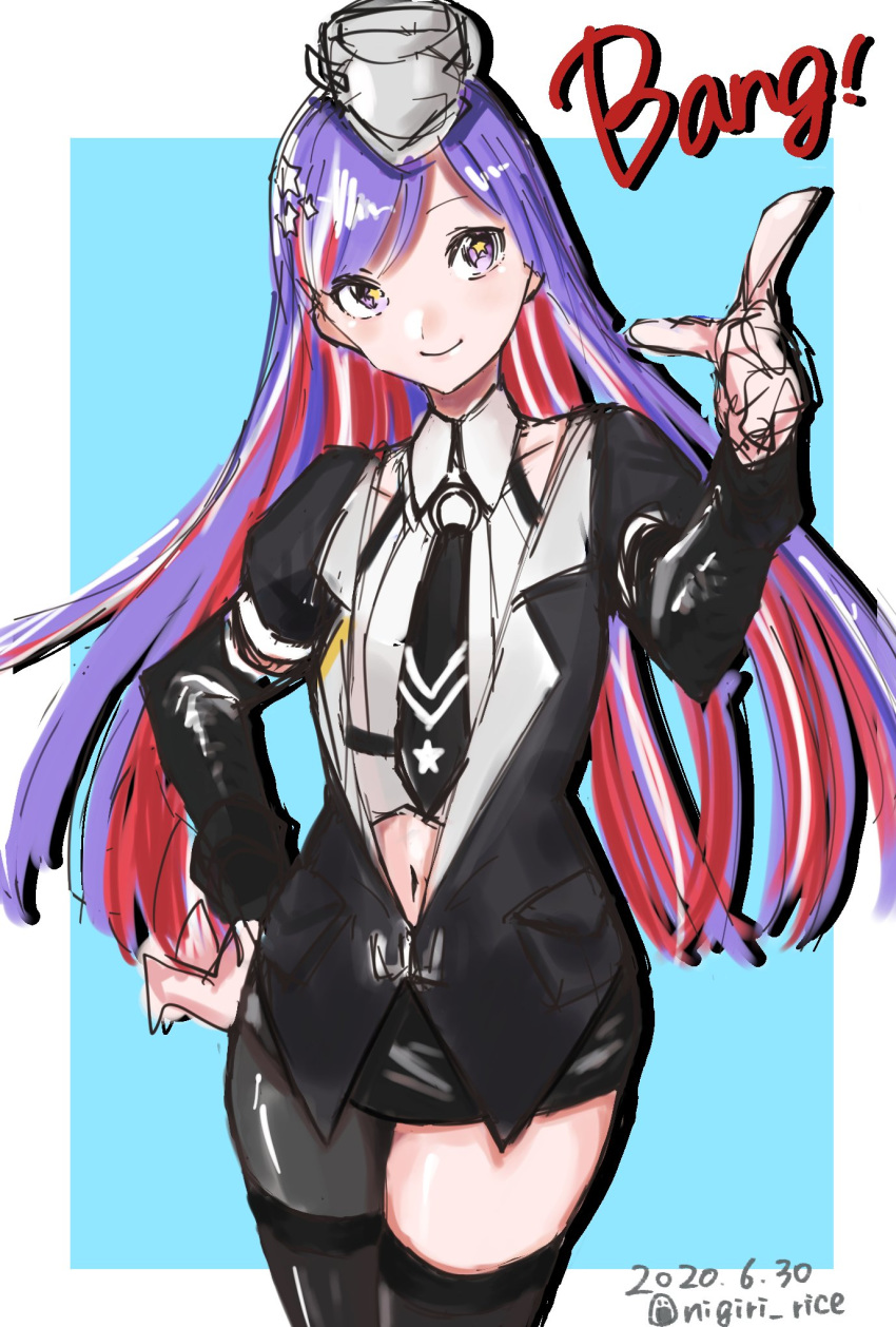 1girl asymmetrical_legwear bang bangs black_jacket black_neckwear black_skirt blue_hair commentary_request dated fairy_(kantai_collection) finger_gun hair_ornament hand_on_hip hat highres index_finger_raised jacket kantai_collection long_hair long_sleeves multicolored_hair navel necktie nigiri_rice redhead simple_background sketch skirt smile solo star-shaped_pupils star_(symbol) star_hair_ornament symbol-shaped_pupils twitter_username two-tone_background