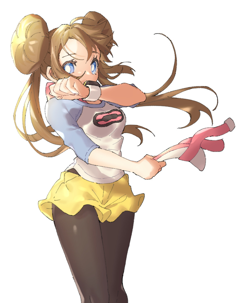 1girl ankea_(a-ramo-do) bangs black_legwear blue_eyes blue_sleeves brown_hair floating_hair hair_between_eyes highres holding long_hair mei_(pokemon) pantyhose poke_ball_print pokemon pokemon_(game) pokemon_bw2 print_shirt shiny shiny_hair shirt short_shorts shorts simple_background solo standing very_long_hair visor_cap white_background white_shirt yellow_shorts