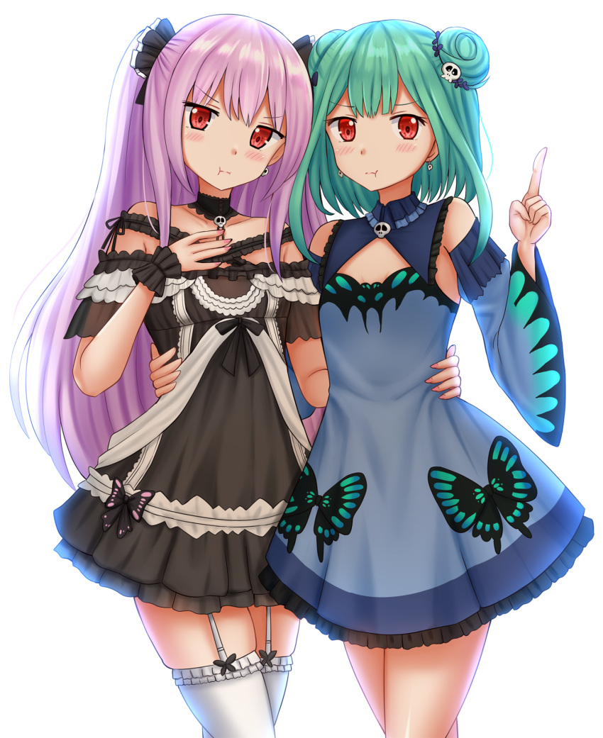 :t bangs bare_shoulders black_dress blue_dress blue_sleeves blush breasts closed_mouth commentary detached_sleeves double_bun dress dual_persona earrings english_commentary eyebrows_visible_through_hair frilled_dress frilled_legwear frills garter_straps green_hair hair_ornament hand_up highres hololive index_finger_raised jewelry kazenokaze long_hair long_sleeves looking_at_viewer off-shoulder_dress off_shoulder pink_hair pout red_eyes simple_background skull_earrings skull_hair_ornament sleeveless sleeveless_dress small_breasts thigh-highs uruha_rushia v-shaped_eyebrows very_long_hair virtual_youtuber white_background white_legwear wide_sleeves wrist_cuffs