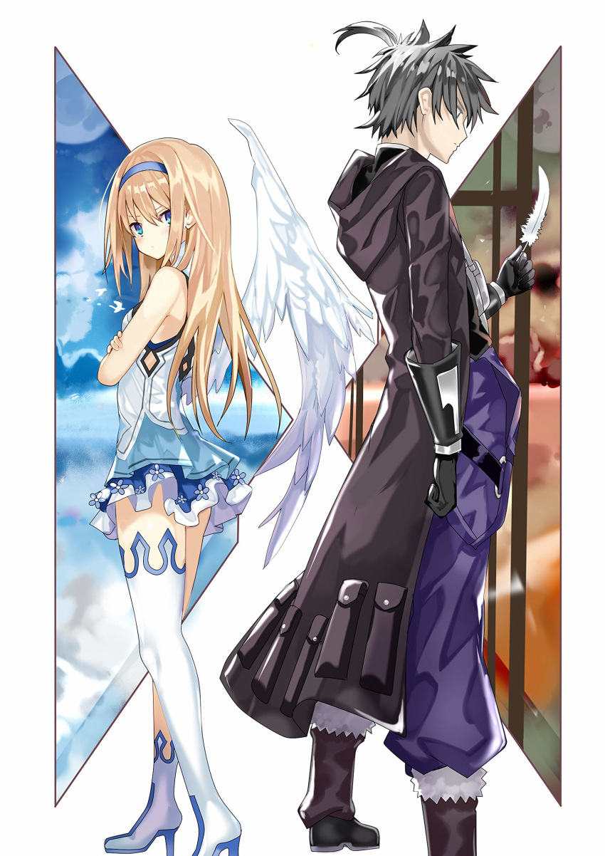 1boy 1girl absurdres angel angel_wings asymmetrical_legwear back-to-back bangs bare_shoulders blonde_hair blue_eyes blush boots breasts character_request crossed_arms dress feathered_wings from_side frown hairband high_heel_boots high_heels highres koiseyo_tenteki. layered_dress long_hair looking_at_viewer looking_to_the_side novel_illustration official_art shino_(eefy) short_dress sidelocks single_thigh_boot single_wing sleeveless sleeveless_dress small_breasts standing straight_hair textless thigh-highs thigh_boots upskirt white_wings wings