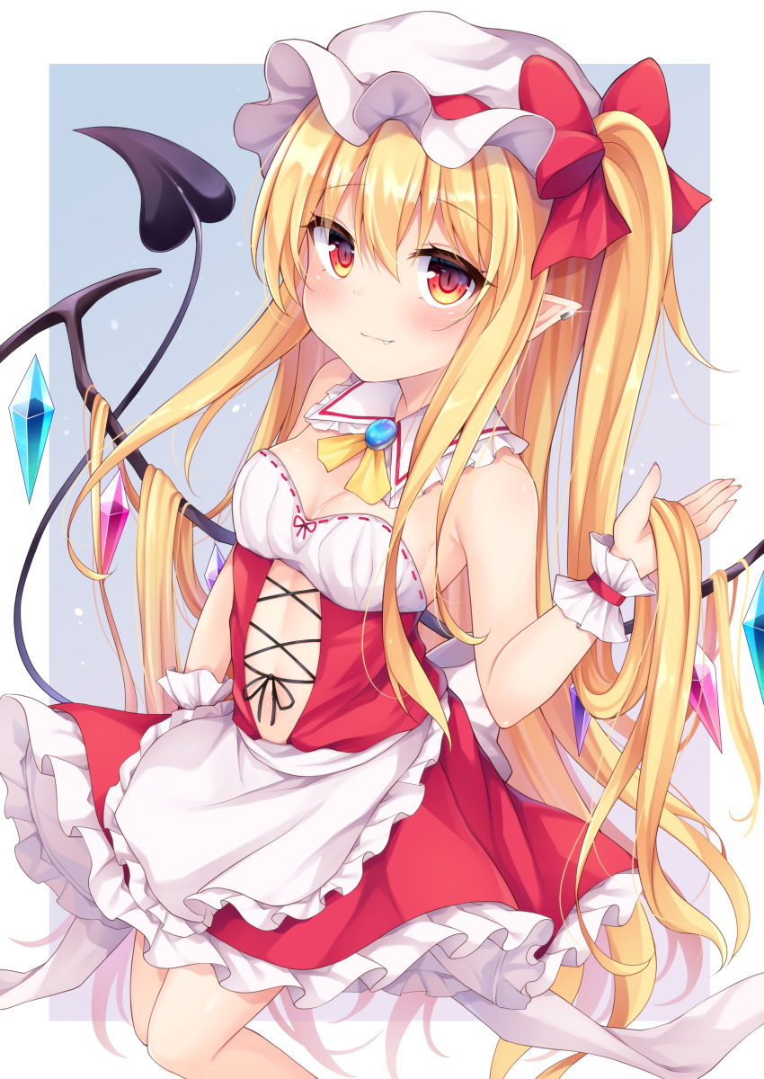 1girl absurdres adapted_costume bare_shoulders blonde_hair blush bow breasts closed_mouth detached_collar flandre_scarlet hat hat_bow highres laevatein light_smile long_hair looking_at_viewer miy@ mob_cap pointy_ears red_bow red_eyes side_ponytail small_breasts solo touhou two-tone_background very_long_hair white_headwear wings wrist_cuffs