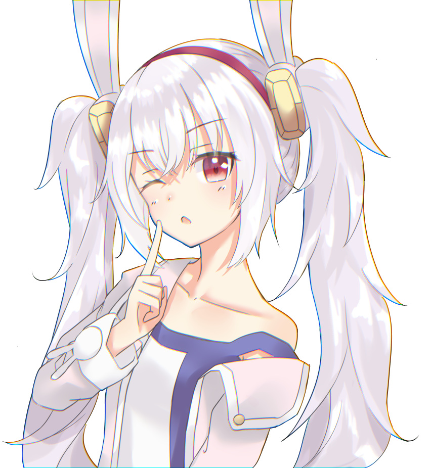 1girl absurdres animal_ears azur_lane bangs chromatic_aberration eyebrows_visible_through_hair fake_animal_ears finger_to_mouth highres jacket laffey_(azur_lane) long_hair long_sleeves looking_at_viewer off_shoulder one_eye_closed open_clothes open_jacket pink_jacket poppypilf rabbit_ears red_eyes silver_hair simple_background solo strap_slip twintails upper_body white_background