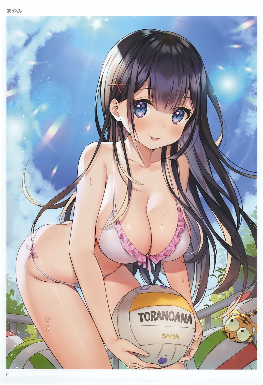 1girl :p absurdres artist_name ayamy ball bangs bent_over bikini black_hair blue_eyes blue_sky blush breasts clouds cloudy_sky day eyebrows_visible_through_hair hair_ornament highres holding large_breasts lens_flare long_hair looking_at_viewer miyawaki_sana outdoors page_number parted_lips scan shiny shiny_hair shiny_skin short_sleeves sky solo sunlight sweat swimsuit thigh-highs tongue tongue_out toranoana volleyball white_bikini white_legwear x_hair_ornament