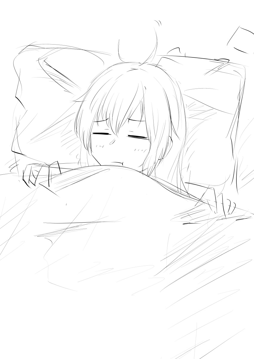 1girl absurdres ahoge blanket closed_eyes girls_frontline greyscale highres long_hair monochrome pillow sleeping solo svd_(girls_frontline) svd_fun white_background