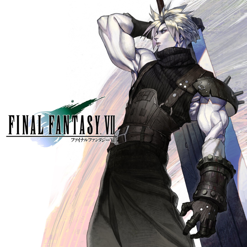 1boy belt black_gloves black_sweater blonde_hair blue_eyes bracer buster_sword cloud_strife final_fantasy final_fantasy_vii gloves heo_sung-moo highres holding holding_sword holding_weapon huge_weapon male_focus multiple_belts muscle nose over_shoulder pants ribbed_sweater short_hair single_pauldron sleeveless sleeveless_turtleneck solo spiky_hair suspenders sweater sword turtleneck weapon weapon_over_shoulder