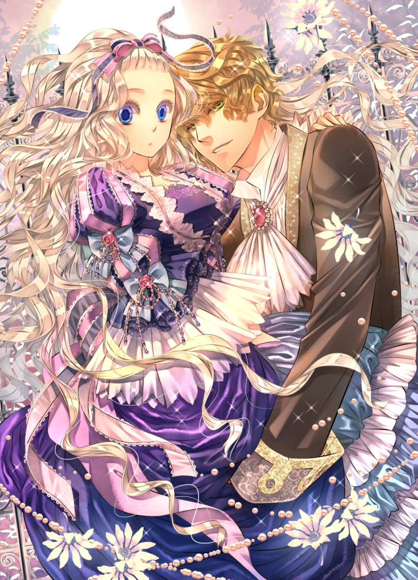 1boy 1girl arm_around_shoulder blonde_hair blue_eyes bow brooch cravat dress dress_bow flower hair_bow hetero highres jewelry long_hair long_sleeves official_art original pink_bow purple_dress shijuu_hachi very_long_hair