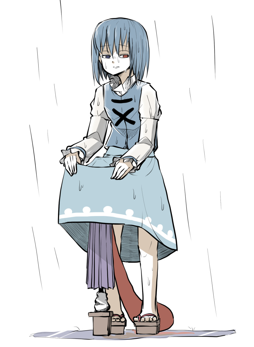 1girl bangs blue_eyes blue_hair blue_skirt blue_vest closed_mouth eyebrows_visible_through_hair geta hair_between_eyes heterochromia highres juliet_sleeves karakasa_obake long_sleeves peroponesosu. puffy_sleeves purple_umbrella rain red_eyes role_reversal shirt short_hair simple_background skirt skirt_hold solo tatara_kogasa tongue touhou umbrella vest water_drop wet wet_clothes wet_hair white_background white_shirt