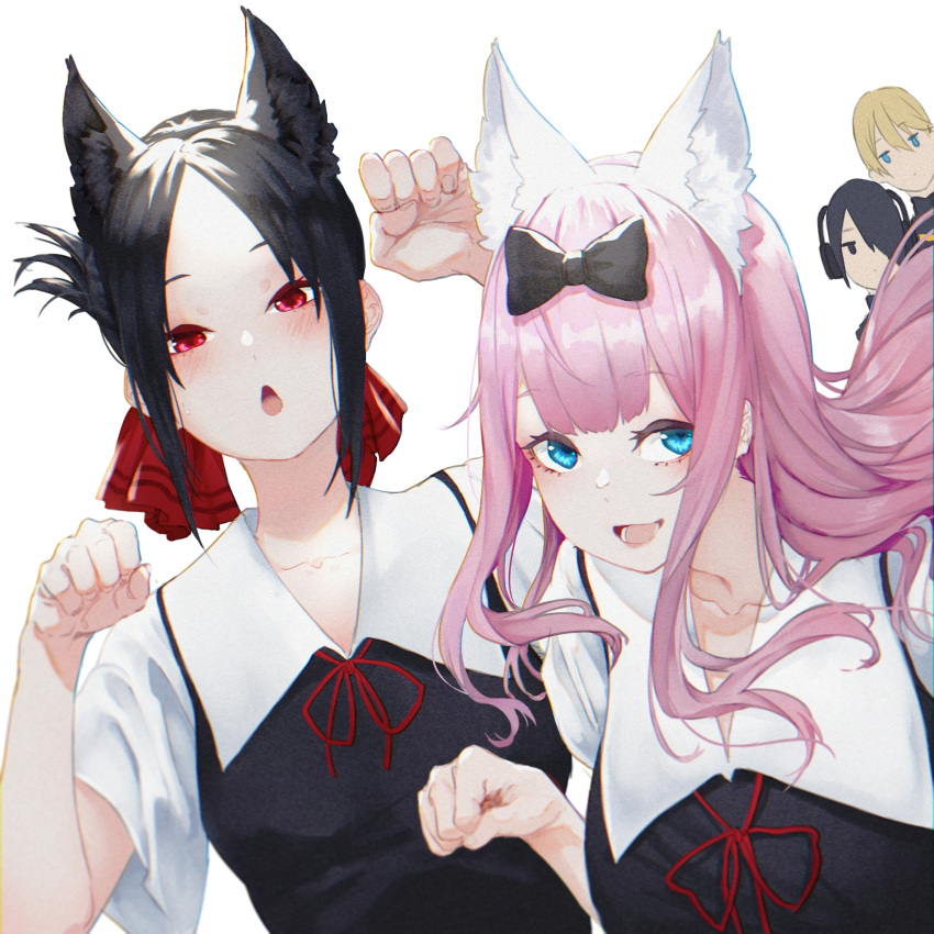 2boys 2girls :d :o animal_ears bangs black_bow black_eyes black_hair blonde_hair blue_eyes blush bow breasts fake_animal_ears forehead fujiwara_chika hair_bow hair_over_one_eye hair_ribbon headphones highres ishigami_yuu jitome kaguya-sama_wa_kokurasetai_~tensai-tachi_no_renai_zunousen~ koharu_(koeharu1) large_breasts long_hair looking_at_viewer looking_to_the_side multiple_boys multiple_girls open_mouth parted_bangs paw_pose pink_hair red_eyes red_ribbon ribbon shinomiya_kaguya shirogane_miyuki short_sleeves shuujin_academy_uniform sidelocks small_breasts smile upper_body white_background wolf_ears