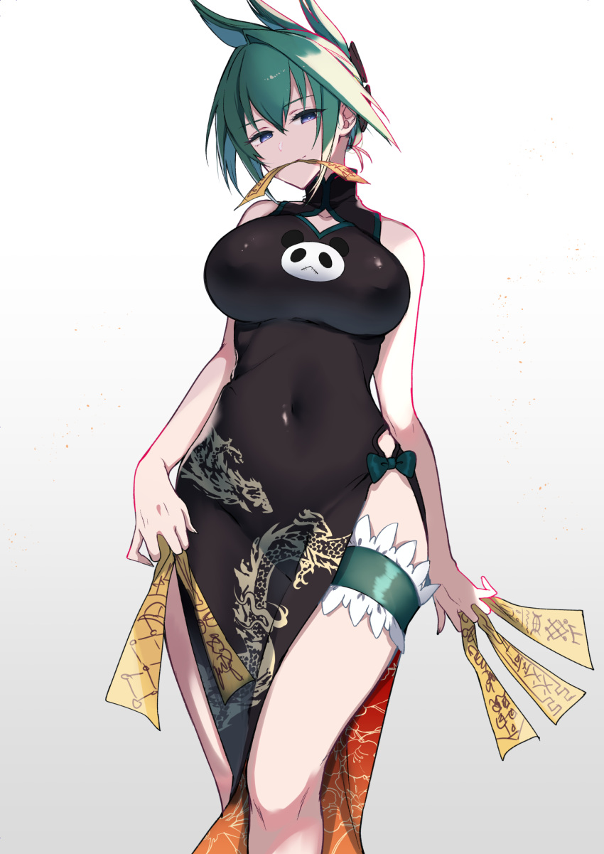 1girl bare_shoulders black_dress blue_eyes breasts china_dress chinese_clothes commentary_request covered_navel cowboy_shot dress eyebrows_visible_through_hair gradient gradient_background green_hair highres holding in_mouth large_breasts leg_garter looking_at_viewer ofuda pochi_(pochi-goya) shaman_king short_hair simple_background smile solo standing talisman tao_jun thighs