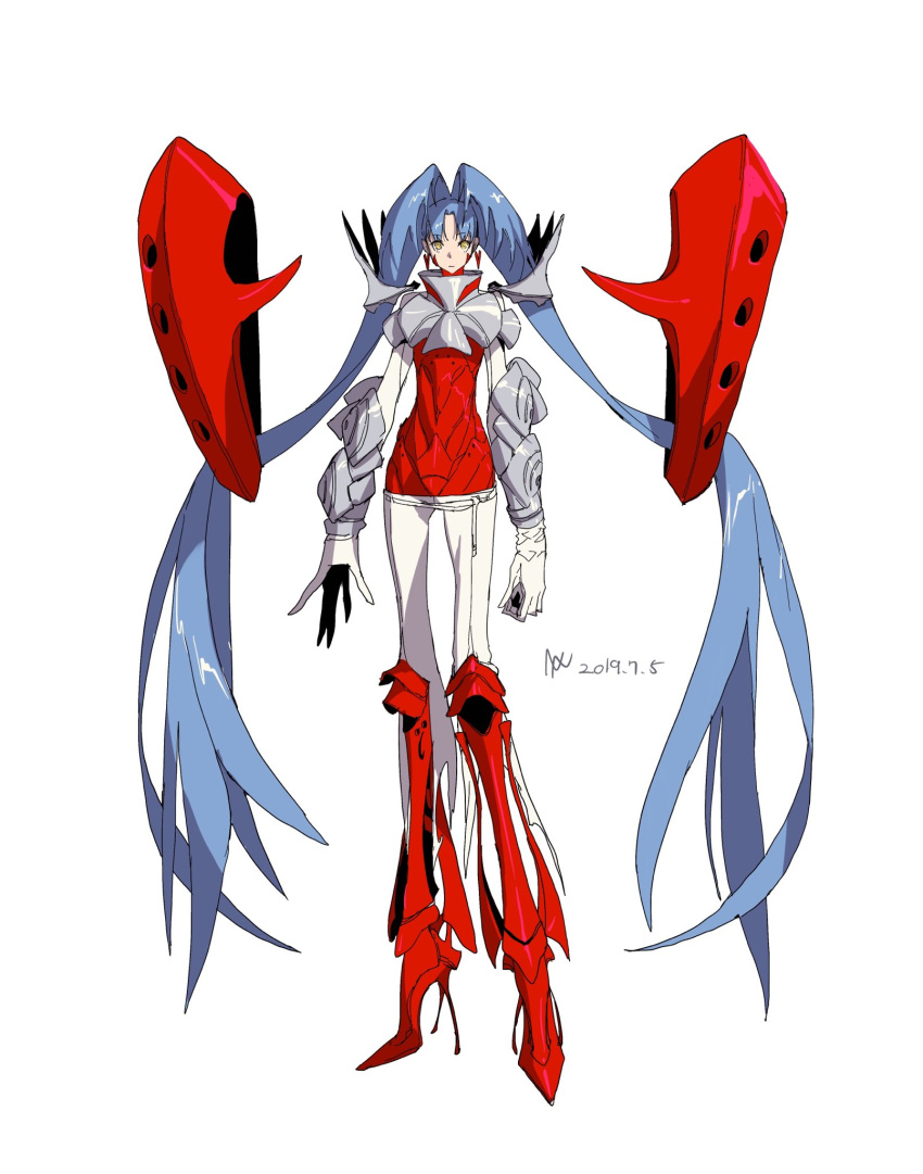 1girl armor blue_hair breastplate closed_mouth dated earrings floating gloves high_heels highres jewelry long_arms long_fingers long_hair naji_yanagida original red_footwear signature simple_background solo twintails vambraces very_long_hair white_background white_gloves yellow_eyes