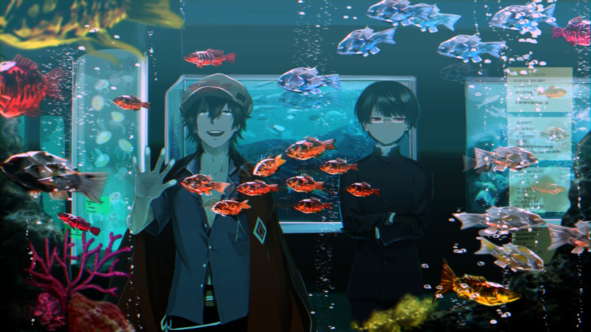 2boys :d air_bubble aquarium black_gloves black_hair bubble coral crossed_arms fish fish_tank gakuran glasses gloves hair_between_eyes hand_on_glass hat highres jellyfish long_sleeves male_focus multiple_boys open_mouth original red_eyes satuma_s scenery school_uniform smile tropical_fish