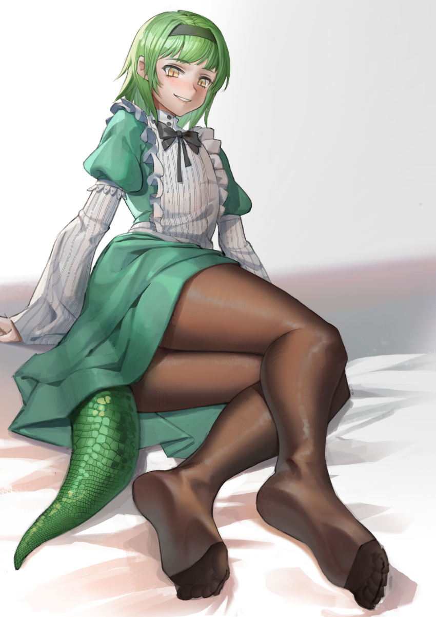 1boy absurdres bangs black_bow blush bow brown_legwear copyright_request dress eyebrows_visible_through_hair feet frills green_dress green_hair green_hairband hairband highres legs lizard_tail long_sleeves medium_hair orange_eyes otoko_no_ko parted_lips puffy_short_sleeves puffy_sleeves short_over_long_sleeves short_sleeves sin65979537 sitting slit_pupils smile solo tail thighs yokozuwari