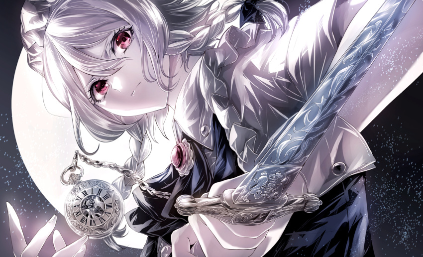 1girl arms_up black_neckwear blue_vest braid brooch commentary_request cravat full_moon hair_between_eyes holding holding_knife izayoi_sakuya jan_(lightdragoon) jewelry knife leaning_to_the_side light_frown light_particles limited_palette looking_at_viewer maid_headdress moon pocket_watch puffy_short_sleeves puffy_sleeves red_eyes reverse_grip roman_numerals shirt short_hair short_sleeves silver_hair solo touhou twin_braids upper_body vest watch white_shirt wrist_cuffs