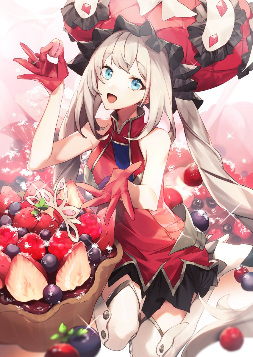 1girl bangs bare_shoulders black_skirt blue_eyes blueberry breasts dress fate/grand_order fate_(series) food frilled_hat frills fruit gloves hat highres large_hat long_hair looking_at_viewer macaron marie_antoinette_(fate/grand_order) no-kan open_mouth red_dress red_gloves red_headwear silver_hair skirt sleeveless sleeveless_dress smile sparkle strawberry thigh-highs thighs twintails very_long_hair white_legwear