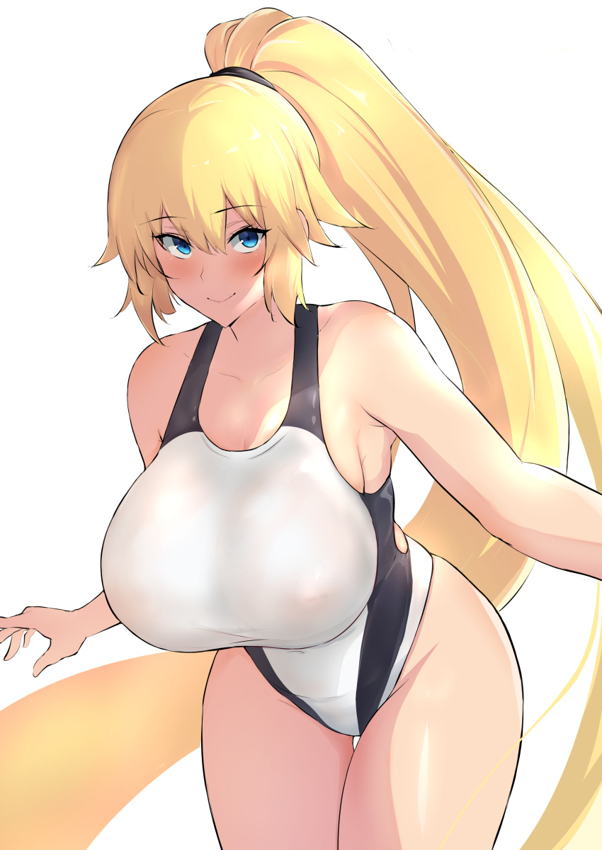 1girl absurdres bangs blonde_hair blue_eyes blush breasts closed_mouth collarbone fate/grand_order fate_(series) highleg highleg_swimsuit highres huge_breasts jeanne_d'arc_(fate)_(all) jeanne_d'arc_(swimsuit_archer) leaning_forward long_hair mon_(manarestra) one-piece_swimsuit ponytail simple_background smile swimsuit thighs very_long_hair white_background white_swimsuit