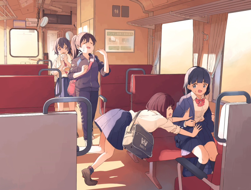 4girls bag black_hair blazer blue_eyes brown_hair eating ground_vehicle highres jacket multiple_girls nirareba original pleated_skirt ponytail school_bag school_uniform short_hair shoulder_bag skirt sweatdrop track_suit train train_interior