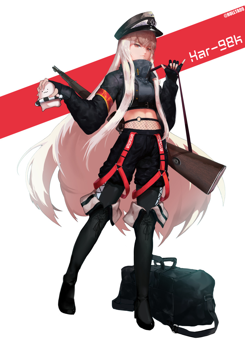 1girl absurdres black_footwear black_gloves black_pants bolt_action boots character_name daeno english_text girls_frontline gloves gun hat highres huge_filesize jacket kar98k_(girls_frontline) long_hair looking_at_viewer mauser_98 military military_hat military_uniform navel over_shoulder pants red_eyes rifle serious silver_hair simple_background solo strapless tagme uniform weapon weapon_bag weapon_over_shoulder white_hair
