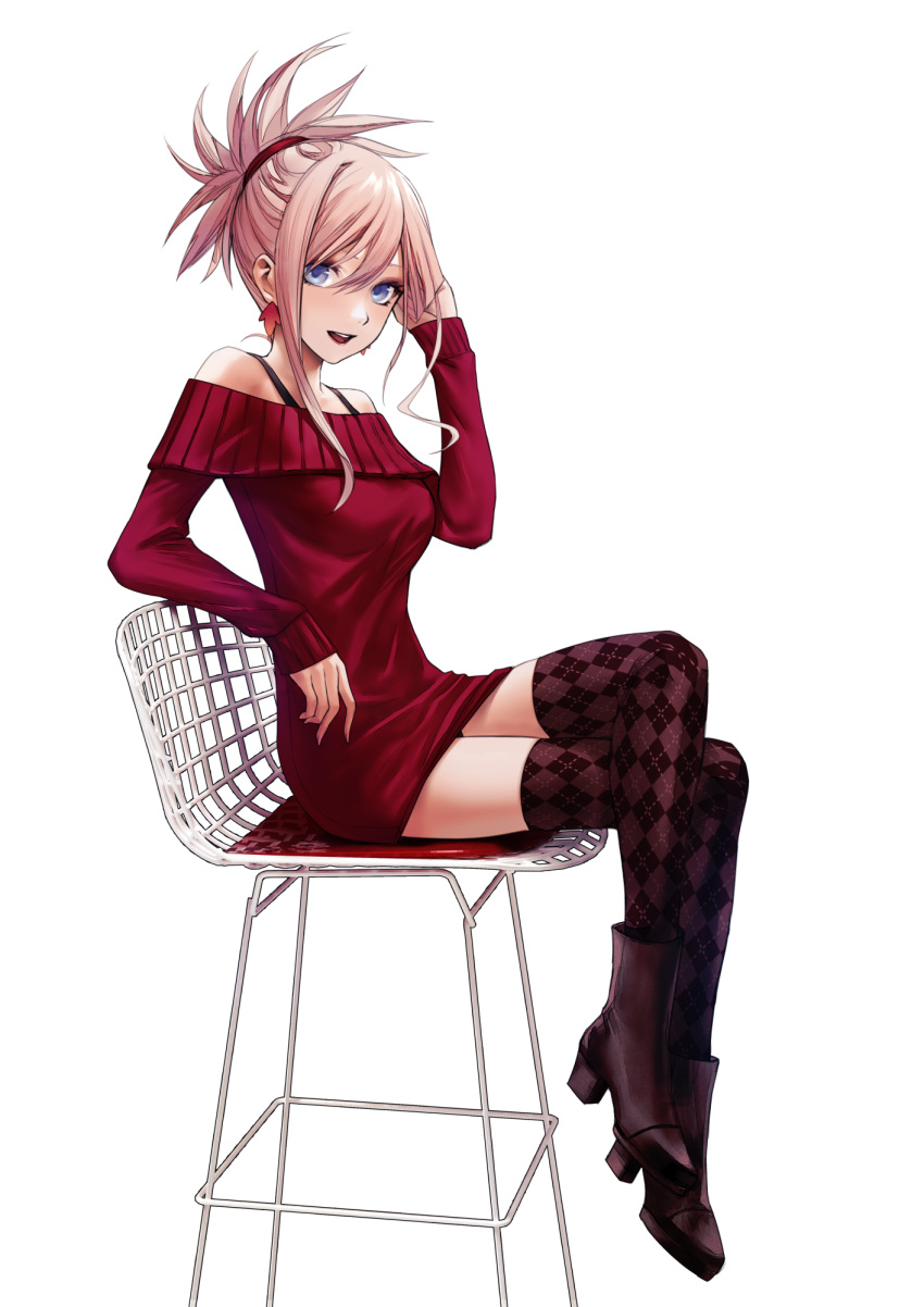 1girl applekun bangs blue_eyes blush breasts chair crossed_legs earrings fate/grand_order fate_(series) hair_ornament hair_scrunchie highres jewelry large_breasts legs long_hair looking_at_viewer miyamoto_musashi_(fate/grand_order) off-shoulder_sweater off_shoulder open_mouth pink_hair ponytail red_scrunchie red_sweater scrunchie sitting smile sweater swept_bangs thigh-highs