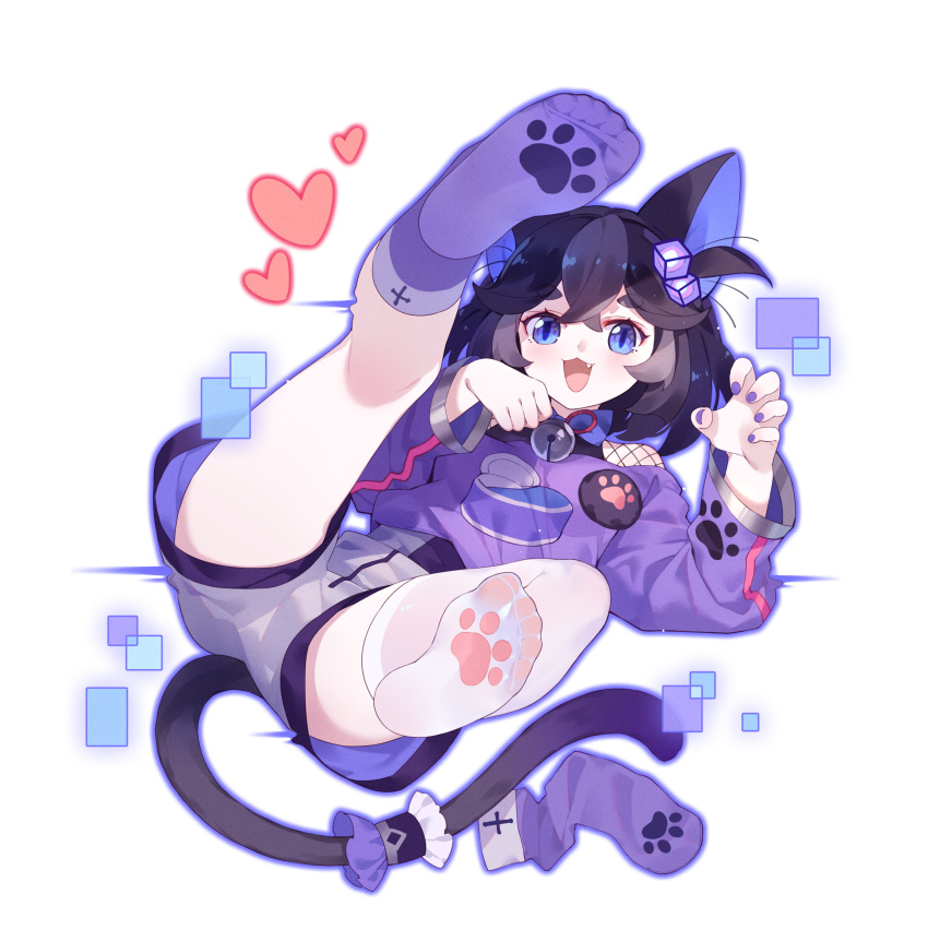 1girl :3 absurdres animal_ear_fluff animal_ears asymmetrical_legwear bell bell_collar benghuai_xueyuan black_hair blue_eyes cat_ears cat_girl cat_tail character_request chinese_commentary claw_pose collar commentary_request fang grey_shorts highres honkai_(series) hood hoodie legs_apart legs_up looking_at_viewer lying nail_polish on_back open_mouth paw_pose paw_print paw_print_pattern purple_hoodie purple_legwear purple_nails short_hair shorts slit_pupils smile soles solo tail thigh-highs tsubasa_tsubasa white_legwear