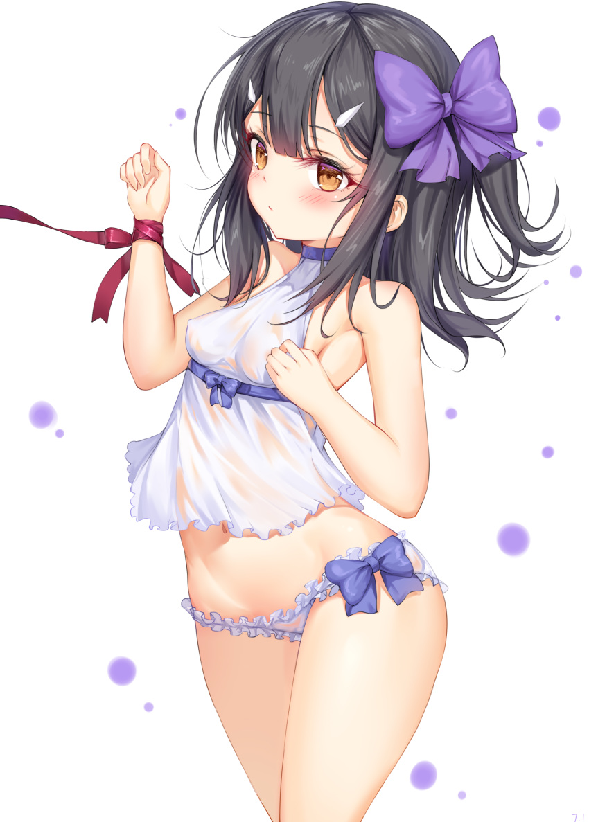 1girl absurdres babydoll bangs bare_shoulders black_hair blush bow breasts brown_eyes collarbone commentary_request fate/kaleid_liner_prisma_illya fate_(series) gala_(16901040) hair_bow hair_ornament hairclip highres long_hair looking_at_viewer miyu_edelfelt navel panties purple_bow sidelocks simple_background small_breasts thighs underwear white_background
