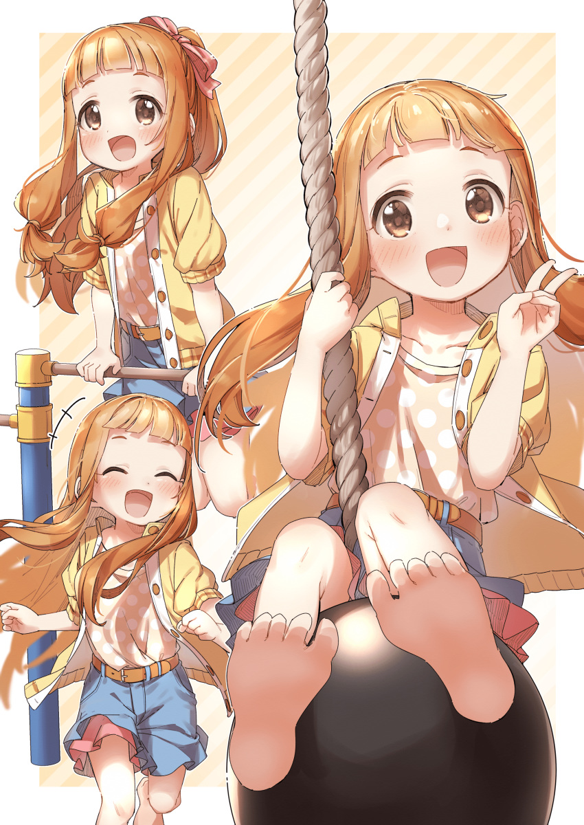 1girl absurdres barefoot belt blue_skirt brown_eyes closed_eyes feet highres ichihara_nina idolmaster idolmaster_cinderella_girls jacket laughing long_hair open_mouth orange_jacket orange_shirt polka_dot polka_dot_shirt ponytail railing ribbon rope running shirt short_sleeves sitting skirt smile soles solo swing toes v yukie_(kusaka_shi)