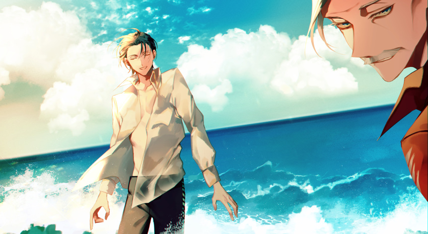 2boys absurdres albino_(a1b1n0623) bangs blue_eyes chest closed_eyes clouds cloudy_sky collarbone day facial_hair fate/grand_order fate_(series) grey_hair hair_between_eyes highres james_moriarty_(fate/grand_order) long_sleeves looking_at_viewer male_focus multiple_boys mustache open_clothes open_mouth open_shirt orange_shirt outdoors pants see-through sherlock_holmes_(fate/grand_order) shirt sky smile smirk sunlight swimsuit upper_body water wet wet_clothes
