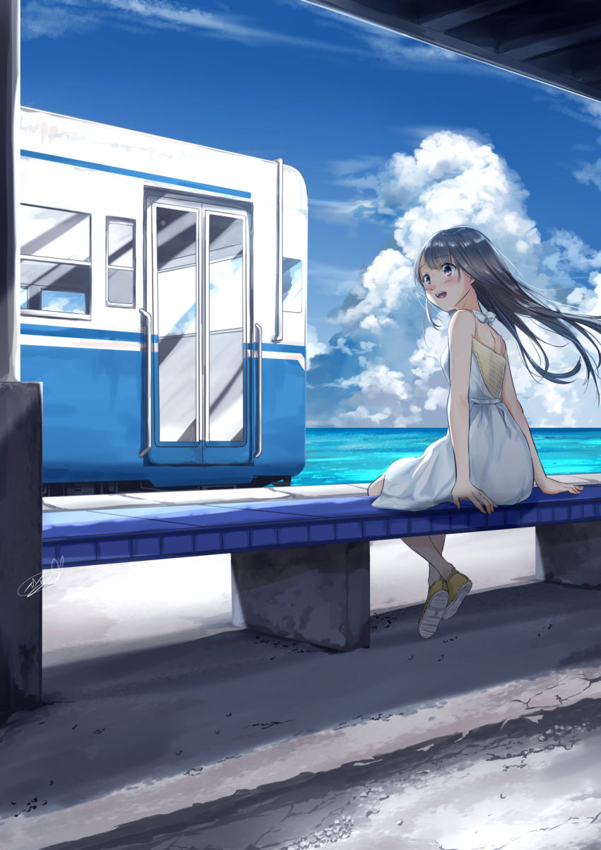 1girl bare_arms bench black_hair blue_sky blush brown_eyes camisole commentary_request crossed_ankles dress from_behind ground_vehicle hair_blowing highres horizon long_hair looking_to_the_side ocean open_mouth original signature sky sleeveless sleeveless_dress solo soragane_(banisinngurei) spaghetti_strap striped_camisole summer sundress train train_station upper_teeth very_long_hair white_dress wind yellow_camisole yellow_footwear