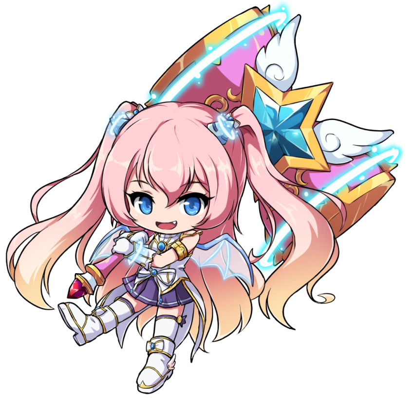 1girl :d angelic_buster bangs bare_shoulders blue_eyes boots brown_hair eyebrows_visible_through_hair fang full_body gloves glowing gradient_hair hair_between_eyes hair_ornament holding holding_hammer long_hair looking_at_viewer maplestory multicolored_hair nekono_rin open_mouth pink_hair pleated_skirt purple_skirt revision shirt skirt sleeveless sleeveless_shirt smile solo star_(symbol) thigh-highs thighhighs_under_boots transparent_background transparent_wings two-handed two_side_up very_long_hair white_footwear white_gloves white_legwear white_shirt