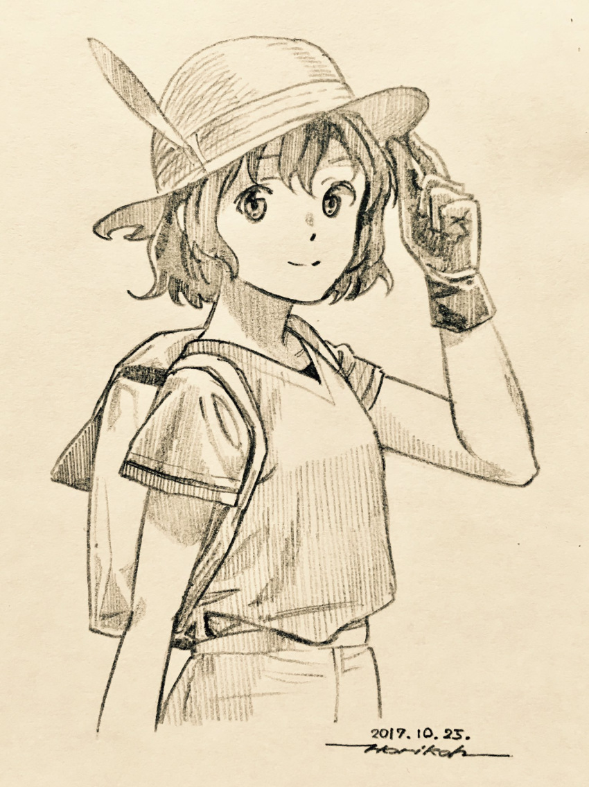 1girl backpack bag closed_mouth cowboy_shot dated gloves greyscale hand_up hat hat_feather highres horikou kaban_(kemono_friends) kemono_friends looking_at_viewer monochrome scan shirt shorts signature smile solo