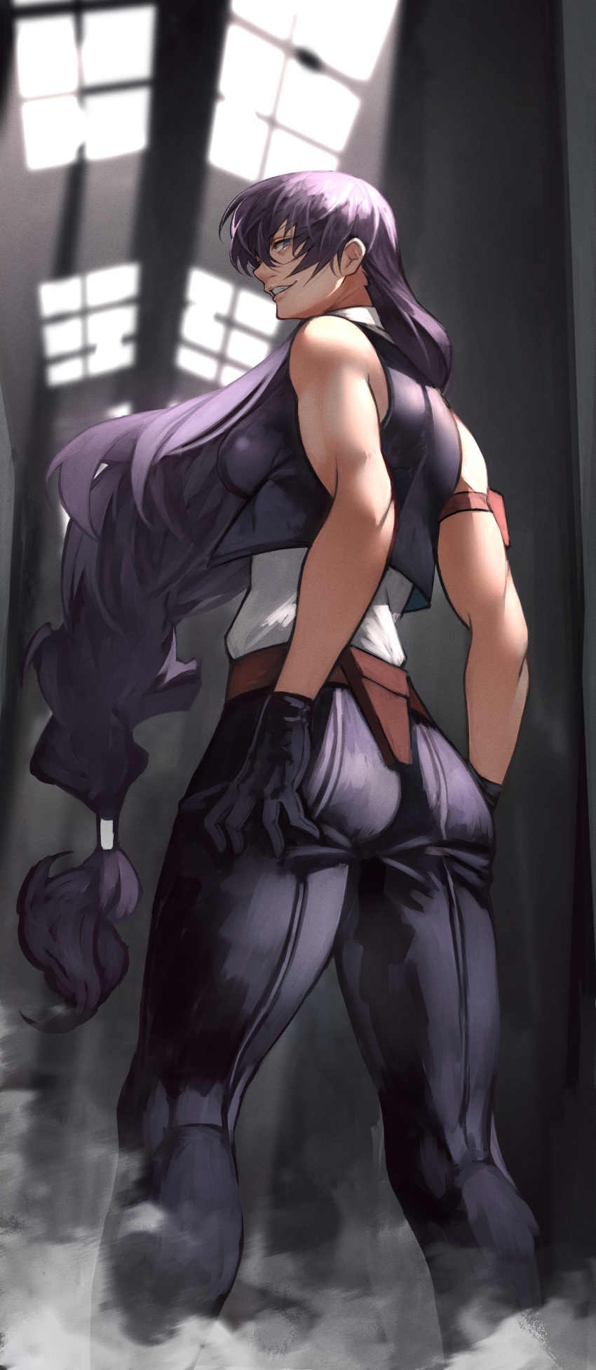 1girl absurdres armband ass ass_support black_hair black_lagoon breasts commentary_request evil_grin evil_smile from_behind grin hair_over_shoulder hand_on_own_ass highres kneepits long_hair looking_back low-tied_long_hair medium_breasts pants purple_hair rape_face roberta_(black_lagoon) sleeveless smile solo toned very_long_hair vest yoshio_(55level)