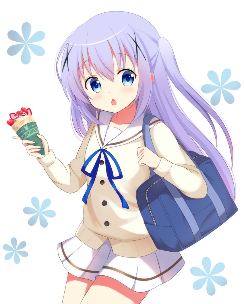 1girl :o bag bangs blue_eyes blue_hair blue_ribbon blush crepe food furutori gochuumon_wa_usagi_desu_ka? hair_ornament highres kafuu_chino long_hair long_sleeves open_mouth pleated_skirt ribbon sailor_collar school_bag school_uniform serafuku shoulder_bag skirt solo sweater white_background white_sailor_collar white_skirt x_hair_ornament