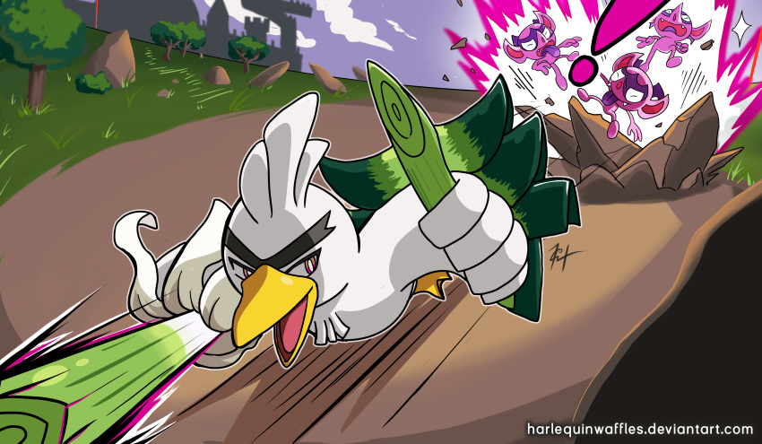 ! absurdres action attack battle bird castle commentary deviantart_username duck english_commentary fangs forest gen_8_pokemon grass harlequinwaffles highres holding_spring_onion impidimp looking_at_viewer nature no_humans open_mouth outdoors pokemon pokemon_(creature) red_eyes road signature sirfetch'd speed_lines spring_onion tongue tongue_out tree watermark web_address